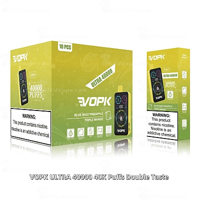 Caixa descartável para vaporizador VOPK Ultra 40000 com sabores Blue Razz Pineapple e Triple Mango, com 40.000 tragadas e um design de sabor duplo.