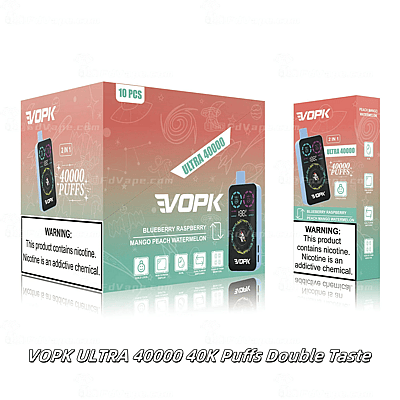 Confezione per svapo VOPK ULTRA 40000 40K Puffs Double Taste con aromi: mirtillo e lampone, mango, pesca e anguria.