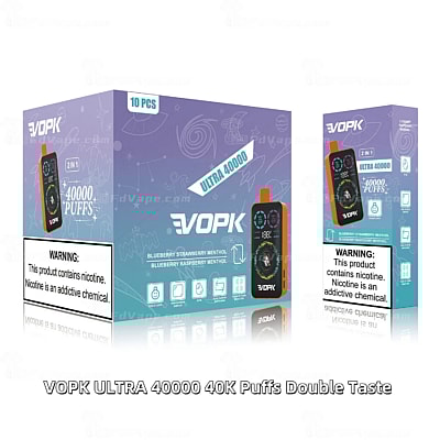 Caixa descartável para vaporizador VOPK ULTRA 40000 com sabores mirtilo, morango, mentol e mirtilo, framboesa, mentol, com 40.000 tragadas.