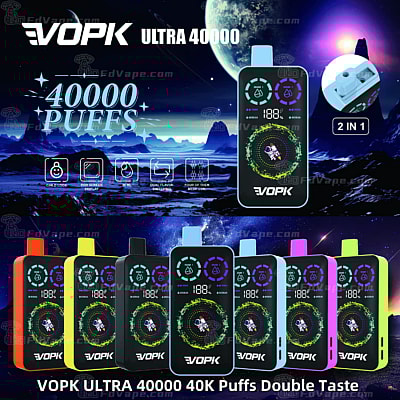 Uma coleção de dispositivos de vaporização coloridos VOPK Ultra 40000 com um visor digital que mostra 188 tragadas, apresentando opções de dois sabores e um design 2 em 1.