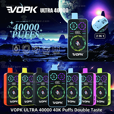 Una colección de coloridos dispositivos de vapeo VOPK Ultra 40000 con una pantalla digital que muestra 188 bocanadas, con opciones de sabor dual y un diseño 2 en 1.
