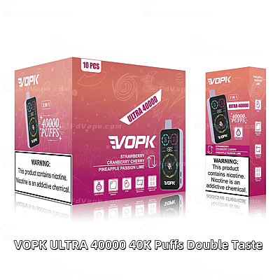 Sigaretta elettronica VOPK Ultra 40000 Puffs Double Taste con aromi di fragola, mirtillo rosso, ciliegia, ananas e lime della passione.