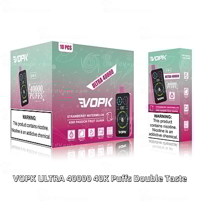 Vaporizador descartável VOPK Ultra 40.000 Puffs com dois sabores: morango, melancia, kiwi, maracujá e goiaba, com visor digital e rótulo de advertência sobre nicotina.