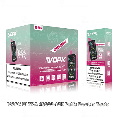 Vaporizzatore usa e getta VOPK Ultra da 40.000 tiri con due gusti: fragola e anguria, kiwi e frutto della passione e guava, dotato di display digitale ed etichetta di avvertenza sulla nicotina.