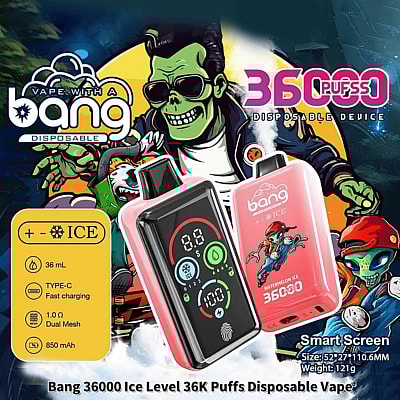 Promotieafbeelding voor de Bang 36.000 Puff Disposable Vape, met een levendig ontwerp met een digitaal smartscherm, watermeloenijssmaak en cartoonachtige illustraties met zombiethema.