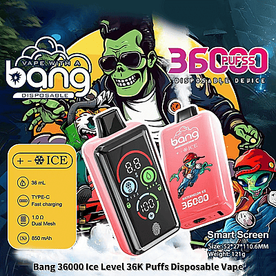 Gráfico promocional del vaporizador desechable Bang 36,000 Puff, que muestra un diseño vibrante con una pantalla inteligente digital, sabor a helado de sandía y obras de arte de dibujos animados con temática de zombies.