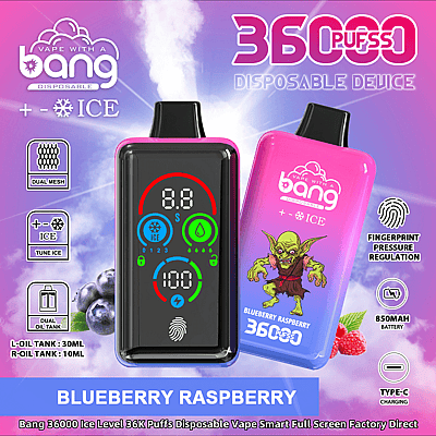 Gráfico promocional del dispositivo de vapeo desechable Bang 36000 Ice Level con 36.000 bocanadas, tanques de aceite duales, sabor a arándano y frambuesa y una interfaz de pantalla táctil completa.