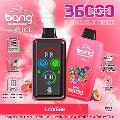 Promotiefoto van het Bang 36000 puffs wegwerp-vape-apparaat met een dubbele olietank, vingerafdrukdrukregeling en een levendig ontwerp.