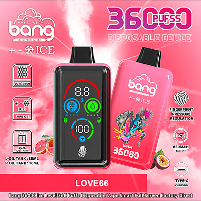 Imagen promocional del dispositivo de vapeo desechable Bang 36000 puffs que cuenta con un tanque de aceite doble, regulación de presión de huellas dactilares y un diseño vibrante.