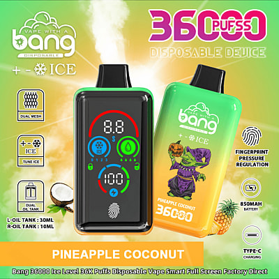 Een promotieafbeelding voor het Bang 36000 Ice Level Pineapple Coconut wegwerp-vape-apparaat, met functies als een digitaal display, dubbele olietanks en een capaciteit van 36.000 trekjes.