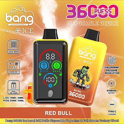Imagen promocional que muestra el dispositivo "Bang 36000 Ice Level 36k Puffs Disposable Vape", con un empaque vibrante que presenta un personaje de dibujos animados, especificaciones y características como regulación de presión de huellas dactilares y tanques de aceite duales sobre un fondo brillante y colorido.