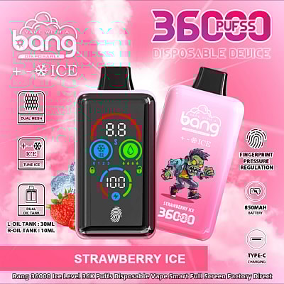 Promotiefoto voor het 'Bang Disposable Device' met de smaak Strawberry Ice, met kenmerken zoals 36.000 trekjes, dubbele olietank, drukregeling met vingerafdruk en een kleurrijk display.