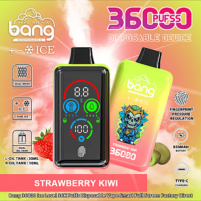 Imagen promocional del dispositivo de vapeo desechable Bang en sabor fresa y kiwi, que presenta un diseño dual colorido con 36.000 bocanadas, pantalla digital, regulación de presión mediante huellas dactilares y carga tipo C, presentado junto con íconos descriptivos y texto que resalta sus características.
