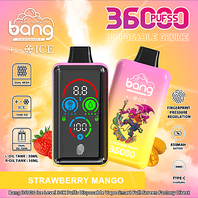 Imagen promocional que muestra el dispositivo de vapeo desechable Bang 36000 Puff en sabor a fresa y mango, con pantalla LED, tecnología de malla dual y regulación de presión de huellas dactilares.