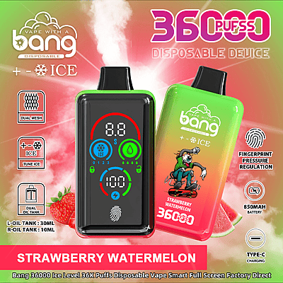 Imagen promocional del dispositivo de vapeo desechable de Bang con sabor 'Strawberry Watermelon', que muestra su capacidad de 36000 bocanadas, pantalla digital y características como tanques de aceite duales, regulación de presión de huellas dactilares y carga tipo C.
