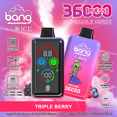 Imagen promocional del dispositivo de vapeo desechable Bang 36000 puffs Triple Berry, que muestra su diseño, controles digitales, batería de 850 mAh, tanques de aceite duales, carga tipo C, regulación de presión de huellas dactilares e imágenes de sabor sobre un fondo rosa vibrante.
