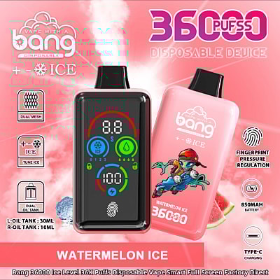Een promotieafbeelding van het Bang 36000 Ice Level wegwerp-vape-apparaat in de smaak watermeloenijs, met een dubbele olietank, drukregeling via vingerafdruk en een kleurrijke digitale interface, met aanvullende beschrijvingen zoals '36.000 trekjes', 'dubbele mesh' en een 850mAh-batterij.