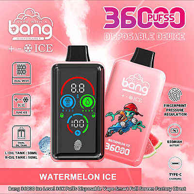 Una imagen promocional que muestra el dispositivo de vapeo desechable Bang 36000 Ice Level con sabor a helado de sandía, con un tanque de aceite doble, regulación de presión de huellas dactilares y una interfaz digital colorida, con descripciones adicionales como '36,000 bocanadas', 'malla doble' y una batería de 850 mAh.