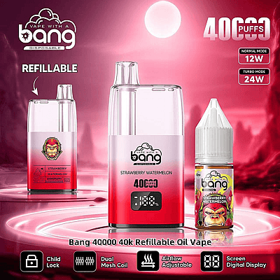 Reklambild av Bang 40000 Puffs påfyllningsbara vape-system med Strawberry Watermelon-smak, som visar upp en elegant design, påfyllningsbar tank och digitala displayalternativ, framhävda mot en livlig röd och rosa bakgrund.