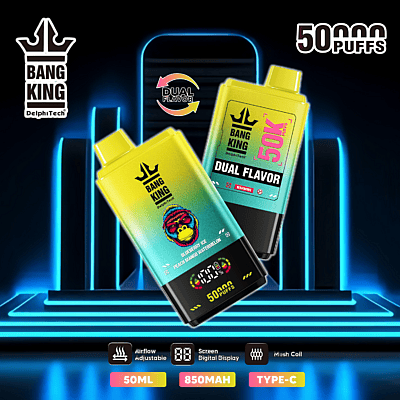 Immagine promozionale per il dispositivo elettronico per svapare Bang King Dual Flavor, caratterizzato da un elegante design rettangolare con display digitale, schema di colori sfumati blu e giallo brillante e caratteristiche in evidenza quali 50.000 boccate, capacità di 50 ml, batteria da 850 mAh e compatibilità con Type-C in uno sfondo futuristico.