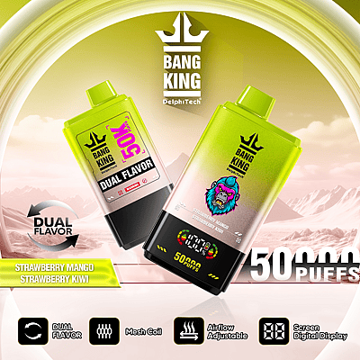 Imagen promocional de los dispositivos de vapeo Bang King con sabores duales de fresa, mango y fresa, con 50.000 bocanadas y características como bobina de malla, flujo de aire ajustable y una pantalla digital.