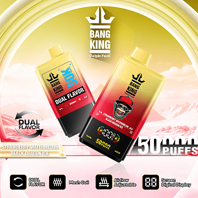 Werbebild, das Bang Kings Einweg-Vaporizer mit zwei Geschmacksrichtungen zeigt, mit Mesh-Coil-Technologie, einstellbarer Luftzufuhr, digitaler Bildschirmanzeige und einer Kapazität von 50.000 Zügen in den Geschmacksrichtungen Erdbeer-Wassermelone und Black Dragon Ice.