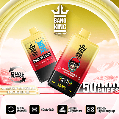 Imagen promocional que muestra el dispositivo de vapeo desechable de doble sabor de Bang King, con tecnología de bobina de malla, flujo de aire ajustable, una pantalla digital y una capacidad de 50,000 bocanadas con sabores fresa sandía y Black Dragon Ice.