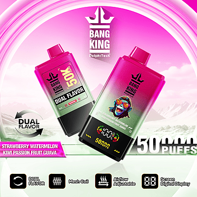 Imagen promocional que muestra dos dispositivos de vapeo Bang King con opciones de sabor dual, resaltando características como 50,000 bocanadas, tecnología de bobina de malla, flujo de aire ajustable y una pantalla digital, sobre un fondo de color rosa con montañas.