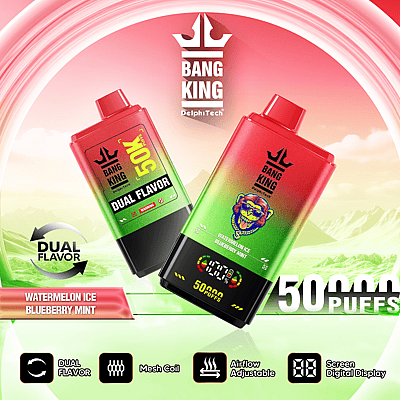 Imagen promocional del vaporizador Bang King, que muestra opciones de sabor dual que incluyen Watermelon Ice y Blueberry Mint, con características como bobina de malla, flujo de aire ajustable y pantalla digital, que ofrece hasta 50.000 bocanadas.