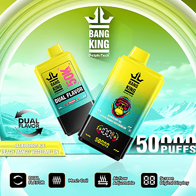 Imagen promocional de los dispositivos de vapeo de doble sabor Bang King DelphiTech, que presenta modelos con capacidad para 50.000 bocanadas en sabores Blueberry Ice y Peach Mango Watermelon, sobre un fondo helado estilizado.