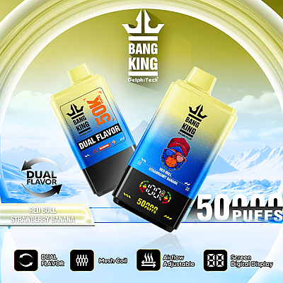 Imagen publicitaria del dispositivo de vapeo de doble sabor Bang King que muestra el sabor Red Bull Strawberry Banana, capacidad de 50,000 bocanadas, con características como una bobina de malla, flujo de aire ajustable y una pantalla digital.