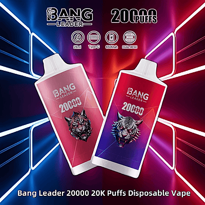 Immagine promozionale per Bang Leader 20000 Puffs Disposable Vape raffigurante due dispositivi per svapare con disegni di tigri, circondati da effetti di luce al neon e specifiche del prodotto.