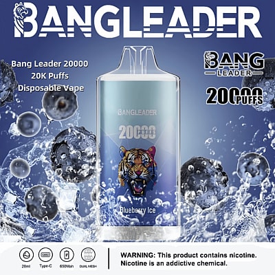 Promotional image of the Bang Leader 20,000 Puffs Disposable Vape in Blueberry Ice flavor, featuring a tiger graphic on the product and a design with blueberries and ice visuals. Product details and a nicotine warning are included.