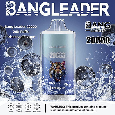 Immagine promozionale del Bang Leader 20.000 Puffs Disposable Vape al gusto Blueberry Ice, con una grafica di una tigre sul prodotto e un design con immagini di mirtilli e ghiaccio. Sono inclusi i dettagli del prodotto e un avviso sulla nicotina.