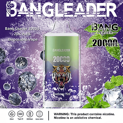 Immagine promozionale della sigaretta elettronica usa e getta Bang Leader raffigurante una tigre, con l'etichetta "20.000 tiri" e "Blueberry Mint", circondata da grafiche di mirtillo e menta, oltre a dettagli del prodotto e un'avvertenza sulla nicotina.