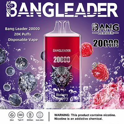 Promotional image for the "Bang Leader" disposable vape offering 20,000 puffs with a blueberry-raspberry flavor, featuring a graphic design of a tiger and fruit motifs against a purple background.