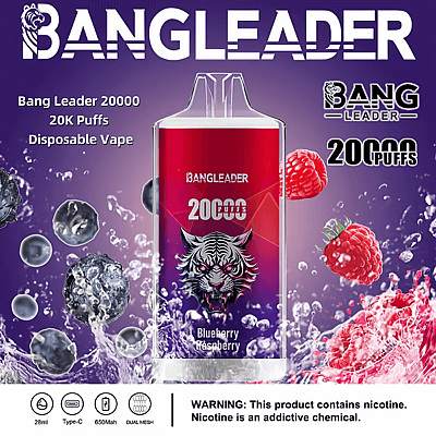 Immagine promozionale per la sigaretta elettronica usa e getta "Bang Leader", che offre 20.000 boccate al gusto di mirtillo e lampone, con un design grafico di una tigre e motivi di frutta su uno sfondo viola.