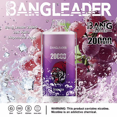 Immagine promozionale per la sigaretta elettronica usa e getta Bang Leader 20.000 al gusto Grape Ice, con immagini colorate di uva viola, cubetti di ghiaccio e specifiche del prodotto.