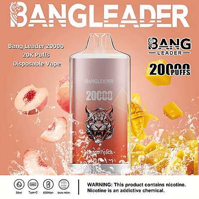 Immagine promozionale che mostra la sigaretta elettronica usa e getta Bang Leader 20000 aromatizzata al mango e alla pesca, raffigurante un'icona di tigre e dettagli sulla capacità di circa 20.000 boccate.