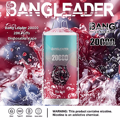 Immagine promozionale per il Bang Leader 20.000 Puff Disposable Vape con una grafica dettagliata di un leone e uno sfondo di schizzi di frutta vibrante. Include dettagli del prodotto come capacità di 28 ml, ricarica Type-C, batteria da 650 mAh, doppia bobina a maglie e un avviso sanitario sulla nicotina.