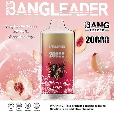 Promotional image for the Bang Leader 20000 disposable vape with a peach ice flavor, featuring a tiger graphic and product details against a pink background with peach visuals.