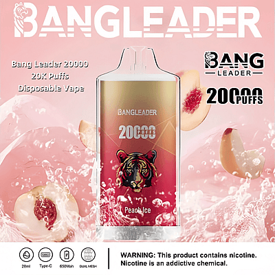 Immagine promozionale per la sigaretta elettronica usa e getta Bang Leader 20000 al gusto di pesca ghiacciata, raffigurante una tigre e dettagli del prodotto su uno sfondo rosa con elementi decorativi ispirati alla pesca.