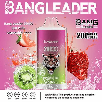 Immagine promozionale per la sigaretta elettronica usa e getta Bang Leader 20000 al gusto di fragola e kiwi, raffigurante una tigre su uno sfondo rosa con schizzi di frutta e liquido, accompagnata da informazioni sul prodotto e da un'avvertenza sulla nicotina.