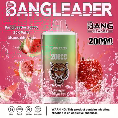 Promotional poster for the Bang Leader 20000 puffs disposable vape in Strawberry Watermelon flavor, featuring a vibrant design with a tiger graphic and a pink background adorned with strawberries and watermelon slices, along with product specifications and a nicotine warning.