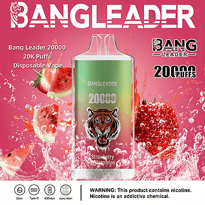 Manifesto promozionale per lo svapo usa e getta Bang Leader da 20000 boccate al gusto di fragola e anguria, caratterizzato da un design vivace con una grafica di una tigre e uno sfondo rosa decorato con fragole e fette di anguria, insieme alle specifiche del prodotto e a un'avvertenza sulla nicotina.