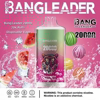 Promotional image for the Bang Leader 20000 disposable vape featuring 20,000 puffs, watermelon bubble gum flavor, and nicotine warning text.