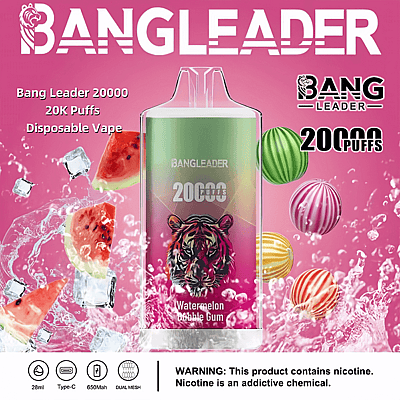 Immagine promozionale per la sigaretta elettronica usa e getta Bang Leader 20000 con 20.000 boccate, aroma di chewing gum all'anguria e testo di avvertenza sulla nicotina.