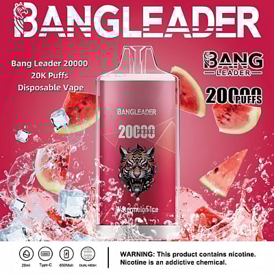 Promotional image of the Bang Leader disposable vape featuring 20,000 puffs, watermelon ice flavor, with highlighted features like 28ml capacity, Type-C charging, 650mAh battery, and dual mesh technology. Includes a warning about nicotine content.