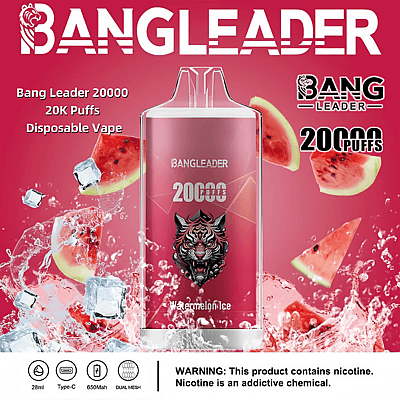 Immagine promozionale del vaporizzatore monouso Bang Leader con 20.000 tiri, aroma ghiaccio all'anguria, con caratteristiche evidenziate come capacità di 28 ml, ricarica Type-C, batteria da 650 mAh e tecnologia dual mesh. Include un avviso sul contenuto di nicotina.