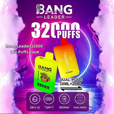 Kampanjbild för Bang Leader 32000 vape med fet text som säger "32 000 puffar" och visar livfulla design med dubbla kapslar på en bakgrund med neon-tema.